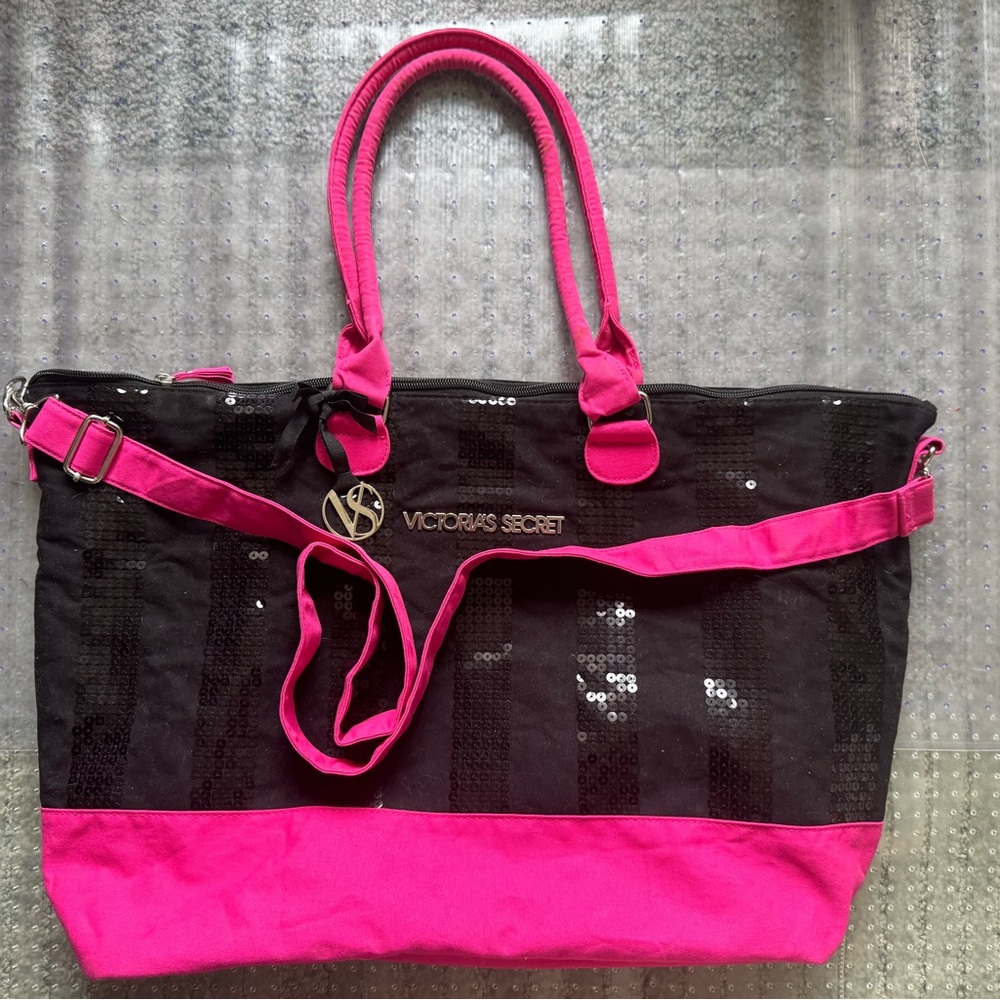 Victoria's Secret Black and Hot Pink Sequin Tote